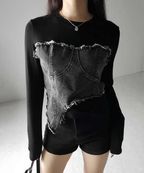 me+em select(ミームセレクト)の「【 2color 】ダメージデニムビスチェドッキングTシャツ / damage denim bustier docking Tee(Tシャツ/カットソー・レディース・ホワイト/ブラック・FREE)」の12枚目の写真