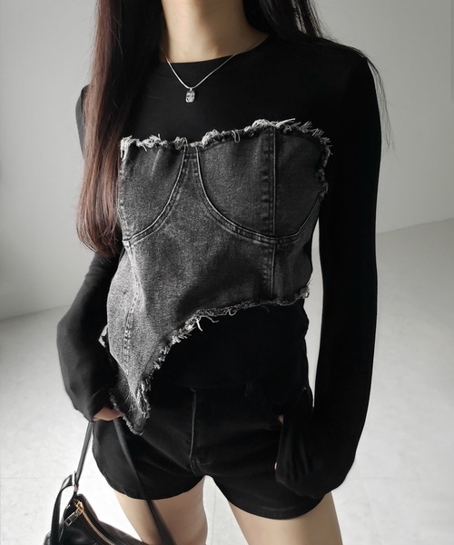 me+em select(ミームセレクト)の「【 2color 】ダメージデニムビスチェドッキングTシャツ / damage denim bustier docking Tee(Tシャツ/カットソー・レディース・ホワイト/ブラック・FREE)」の13枚目の写真