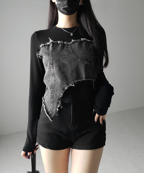 me+em select(ミームセレクト)の「【 2color 】ダメージデニムビスチェドッキングTシャツ / damage denim bustier docking Tee(Tシャツ/カットソー・レディース・ホワイト/ブラック・FREE)」の15枚目の写真