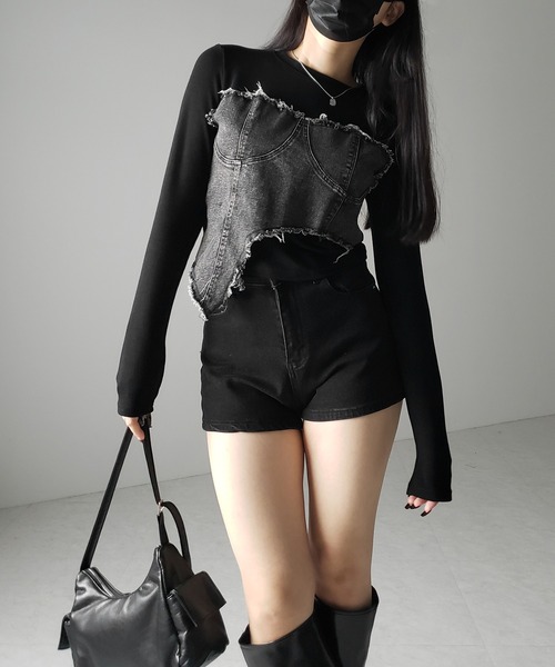 me+em select(ミームセレクト)の「【 2color 】ダメージデニムビスチェドッキングTシャツ / damage denim bustier docking Tee(Tシャツ/カットソー・レディース・ホワイト/ブラック・FREE)」の19枚目の写真
