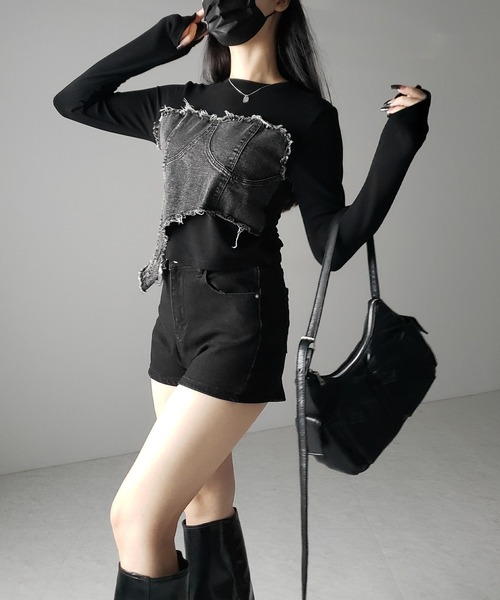 me+em select(ミームセレクト)の「【 2color 】ダメージデニムビスチェドッキングTシャツ / damage denim bustier docking Tee(Tシャツ/カットソー・レディース・ホワイト/ブラック・FREE)」の20枚目の写真