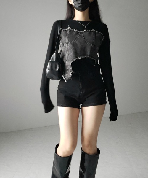 me+em select(ミームセレクト)の「【 2color 】ダメージデニムビスチェドッキングTシャツ / damage denim bustier docking Tee(Tシャツ/カットソー・レディース・ホワイト/ブラック・FREE)」の21枚目の写真