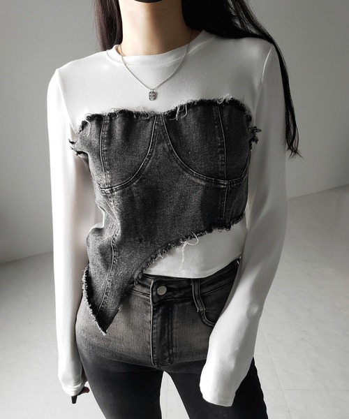 me+em select(ミームセレクト)の「【 2color 】ダメージデニムビスチェドッキングTシャツ / damage denim bustier docking Tee(Tシャツ/カットソー・レディース・ホワイト/ブラック・FREE)」の22枚目の写真