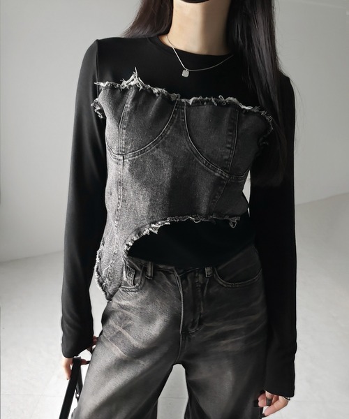 美品　サカイラック　デニム　シャツ　異素材ドッキング バックプリーツ　レース Sacai(サカイ) 23SS ドッキング デニム ミリタリーロングコート 23ー