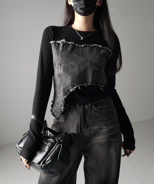 me+em select(ミームセレクト)の「【 2color 】ダメージデニムビスチェドッキングTシャツ / damage denim bustier docking Tee(Tシャツ/カットソー・レディース・ホワイト/ブラック・FREE)」の6枚目の写真