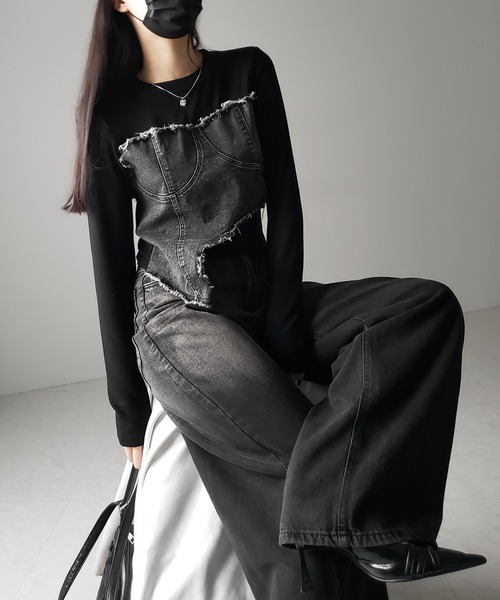 me+em select(ミームセレクト)の「【 2color 】ダメージデニムビスチェドッキングTシャツ / damage denim bustier docking Tee(Tシャツ/カットソー・レディース・ホワイト/ブラック・FREE)」の9枚目の写真