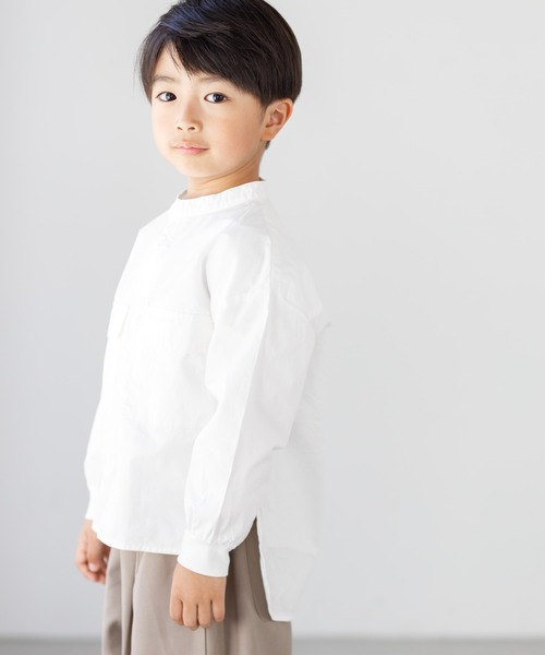 MAKE YOUR DAY（メイクユアデイ）の「無地とストライプのバンドカラーシャツ■80～140cm（シャツ/ブラウス・キッズ・イエロー/ブルー/オフホワイト/オリーブ・80/90/100/110/120/130/140）」の16枚目の写真