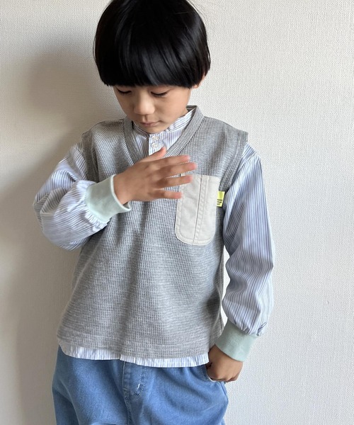 MAKE YOUR DAY（メイクユアデイ）の「無地とストライプのバンドカラーシャツ■80～140cm（シャツ/ブラウス・キッズ・イエロー/ブルー/オフホワイト/オリーブ・80/90/100/110/120/130/140）」の8枚目の写真