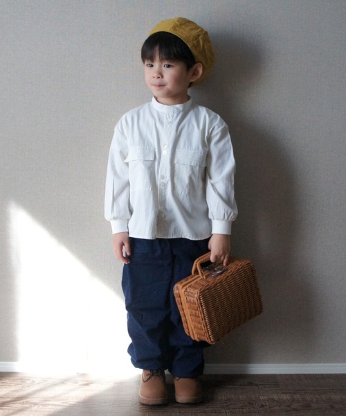 MAKE YOUR DAY（メイクユアデイ）の「無地とストライプのバンドカラーシャツ■80～140cm（シャツ/ブラウス・キッズ・イエロー/ブルー/オフホワイト/オリーブ・80/90/100/110/120/130/140）」の11枚目の写真