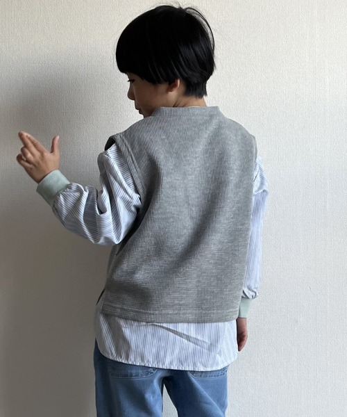 MAKE YOUR DAY（メイクユアデイ）の「無地とストライプのバンドカラーシャツ■80～140cm（シャツ/ブラウス・キッズ・イエロー/ブルー/オフホワイト/オリーブ・80/90/100/110/120/130/140）」の9枚目の写真