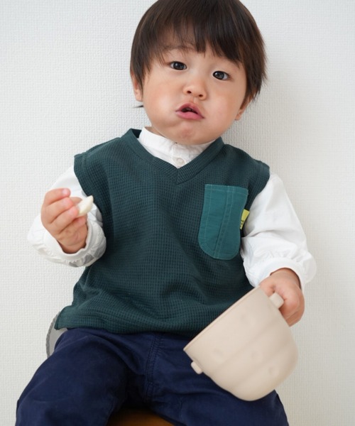 MAKE YOUR DAY（メイクユアデイ）の「無地とストライプのバンドカラーシャツ■80～140cm（シャツ/ブラウス・キッズ・イエロー/ブルー/オフホワイト/オリーブ・80/90/100/110/120/130/140）」の6枚目の写真