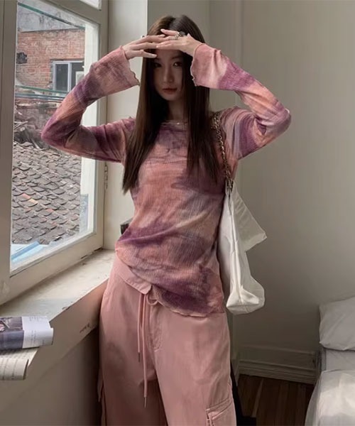 i-dare（アイディア）の「【i-dare】タイダイシー オフショルダー シースルー シアー カットソー（Tシャツ/カットソー・レディース・ピンク/ネイビー・FREE）」の2枚目の写真