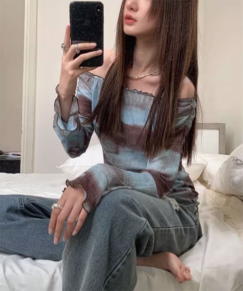 i-dare（アイディア）の「【i-dare】タイダイシー オフショルダー シースルー シアー カットソー（Tシャツ/カットソー・レディース・ピンク/ネイビー・FREE）」の3枚目の写真