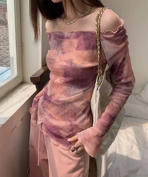 i-dare（アイディア）の「【i-dare】タイダイシー オフショルダー シースルー シアー カットソー（Tシャツ/カットソー・レディース・ピンク/ネイビー・FREE）」の5枚目の写真