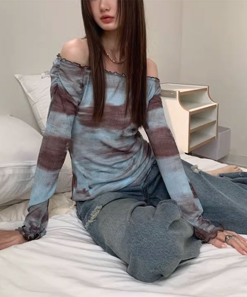 i-dare（アイディア）の「【i-dare】タイダイシー オフショルダー シースルー シアー カットソー（Tシャツ/カットソー・レディース・ピンク/ネイビー・FREE）」の4枚目の写真