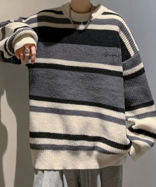 NOWLE(ノウル)の「【NOWLE】ワンポイント 刺繍 パステルボーダー プルオーバー ニット(Tシャツ/カットソー・メンズ・ベージュ/ブラック・LARGE/X-LARGE/MEDIUM)」の3枚目の写真