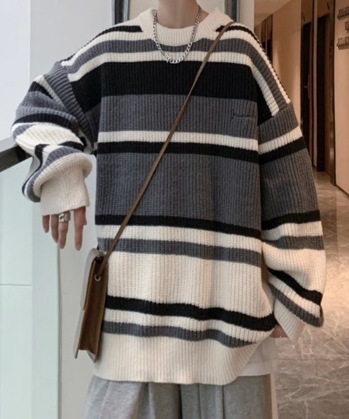 NOWLE(ノウル)の「【NOWLE】ワンポイント 刺繍 パステルボーダー プルオーバー ニット(Tシャツ/カットソー・メンズ・ベージュ/ブラック・LARGE/X-LARGE/MEDIUM)」の5枚目の写真