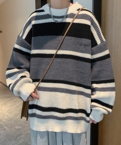 NOWLE(ノウル)の「【NOWLE】ワンポイント 刺繍 パステルボーダー プルオーバー ニット(Tシャツ/カットソー・メンズ・ベージュ/ブラック・LARGE/X-LARGE/MEDIUM)」の7枚目の写真