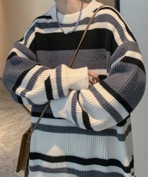 NOWLE(ノウル)の「【NOWLE】ワンポイント 刺繍 パステルボーダー プルオーバー ニット(Tシャツ/カットソー・メンズ・ベージュ/ブラック・LARGE/X-LARGE/MEDIUM)」の8枚目の写真