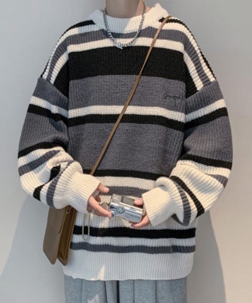 NOWLE(ノウル)の「【NOWLE】ワンポイント 刺繍 パステルボーダー プルオーバー ニット(Tシャツ/カットソー・メンズ・ベージュ/ブラック・LARGE/X-LARGE/MEDIUM)」の9枚目の写真