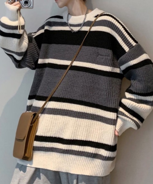 NOWLE(ノウル)の「【NOWLE】ワンポイント 刺繍 パステルボーダー プルオーバー ニット(Tシャツ/カットソー・メンズ・ベージュ/ブラック・LARGE/X-LARGE/MEDIUM)」の10枚目の写真