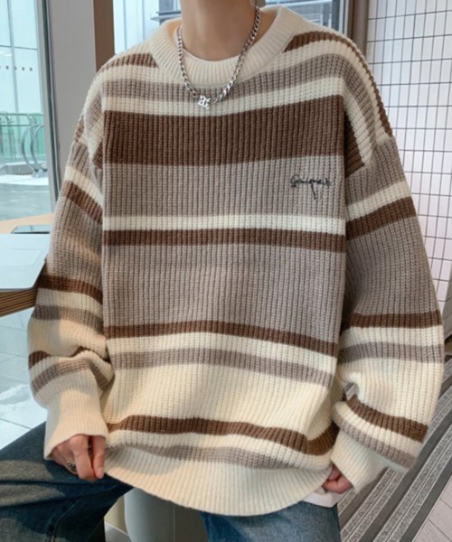 NOWLE(ノウル)の「【NOWLE】ワンポイント 刺繍 パステルボーダー プルオーバー ニット(Tシャツ/カットソー・メンズ・ベージュ/ブラック・LARGE/X-LARGE/MEDIUM)」の11枚目の写真