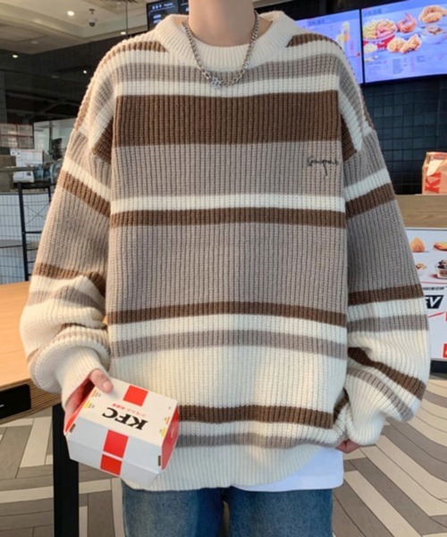 NOWLE(ノウル)の「【NOWLE】ワンポイント 刺繍 パステルボーダー プルオーバー ニット(Tシャツ/カットソー・メンズ・ベージュ/ブラック・LARGE/X-LARGE/MEDIUM)」の12枚目の写真