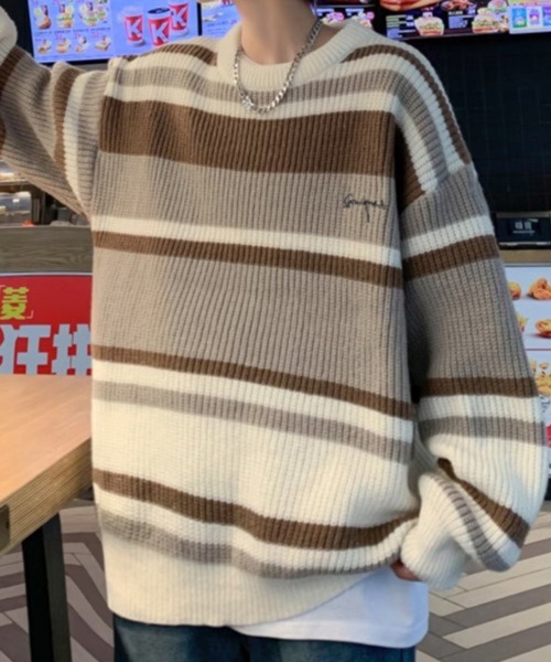 NOWLE(ノウル)の「【NOWLE】ワンポイント 刺繍 パステルボーダー プルオーバー ニット(Tシャツ/カットソー・メンズ・ベージュ/ブラック・LARGE/X-LARGE/MEDIUM)」の13枚目の写真