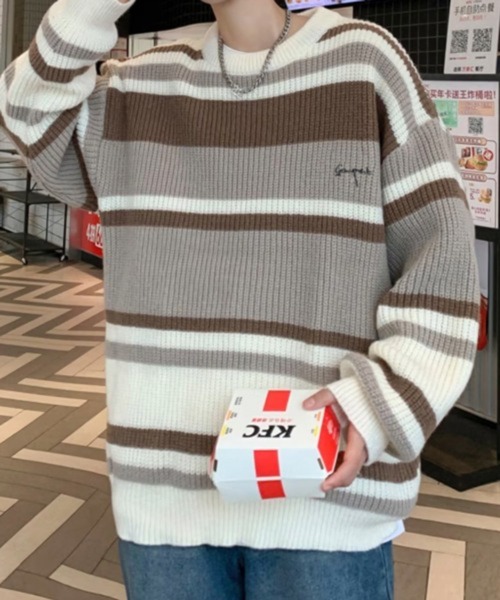 NOWLE(ノウル)の「【NOWLE】ワンポイント 刺繍 パステルボーダー プルオーバー ニット(Tシャツ/カットソー・メンズ・ベージュ/ブラック・LARGE/X-LARGE/MEDIUM)」の14枚目の写真