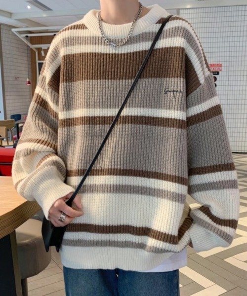 NOWLE(ノウル)の「【NOWLE】ワンポイント 刺繍 パステルボーダー プルオーバー ニット(Tシャツ/カットソー・メンズ・ベージュ/ブラック・LARGE/X-LARGE/MEDIUM)」の15枚目の写真