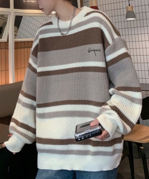 NOWLE(ノウル)の「【NOWLE】ワンポイント 刺繍 パステルボーダー プルオーバー ニット(Tシャツ/カットソー・メンズ・ベージュ/ブラック・LARGE/X-LARGE/MEDIUM)」の17枚目の写真