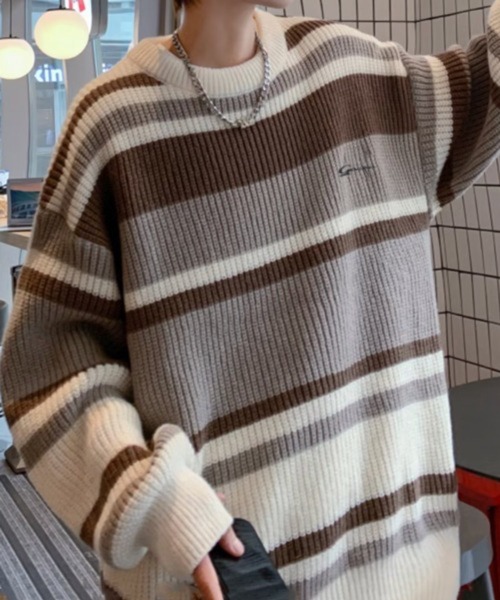NOWLE(ノウル)の「【NOWLE】ワンポイント 刺繍 パステルボーダー プルオーバー ニット(Tシャツ/カットソー・メンズ・ベージュ/ブラック・LARGE/X-LARGE/MEDIUM)」の18枚目の写真