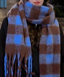 アドリー ボリュームフリンジチェックマフラーブルー♡ volume fringe check muffler/ボリュームフリンジチェック