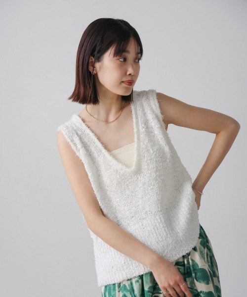 Bou Jeloud（ブージュルード）の「リボンヤーンニットベスト（ベスト・レディース・オフホワイト/ブラック・FREE）」の5枚目の写真