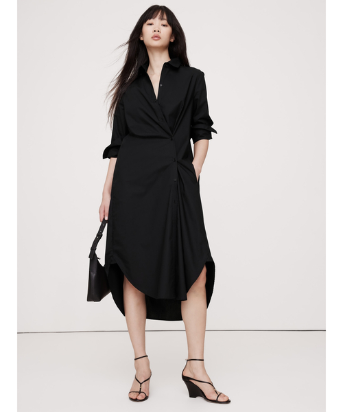 Banana Republic ★ 涼しげな着心地の一着 Voile Wrap ドレス セール】ポプリン アシンメトリー シャツドレス（ワンピース