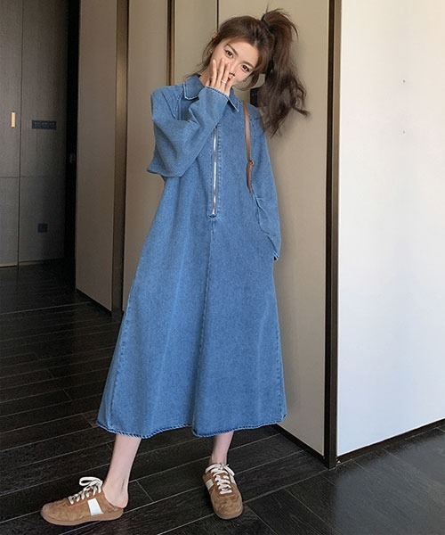 urge:(アージコロン )の「【URGE:】デニム シャツ 長袖 ハーフ ジップアップ ワンピース(ワンピース・レディース・ブルー・MEDIUM/LARGE/X-LARGE)」の6枚目の写真