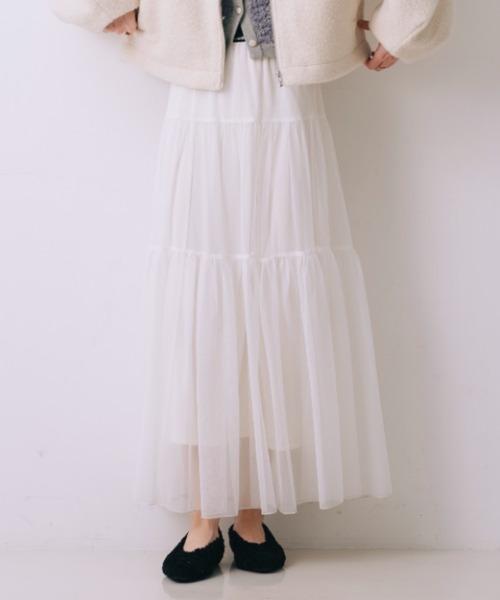 SELFIST(セルフィスト)の「チュールティアードスカート ウエストゴム レイヤード 夏服 オールシーズン(スカート・レディース・ブラック/ピンク/オフホワイト・フリー)」の2枚目の写真