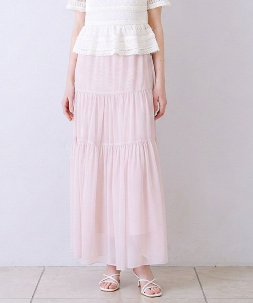 SELFIST(セルフィスト)の「チュールティアードスカート ウエストゴム レイヤード 夏服 オールシーズン(スカート・レディース・ブラック/ピンク/オフホワイト・フリー)」の1枚目の写真