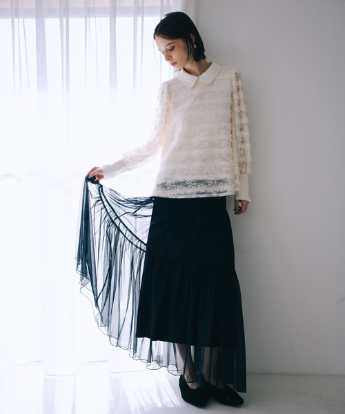 SELFIST(セルフィスト)の「チュールティアードスカート ウエストゴム レイヤード 夏服 オールシーズン(スカート・レディース・ブラック/ピンク/オフホワイト・フリー)」の3枚目の写真