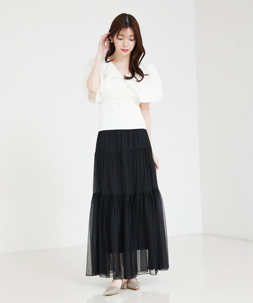 SELFIST(セルフィスト)の「チュールティアードスカート ウエストゴム レイヤード 夏服 オールシーズン(スカート・レディース・ブラック/ピンク/オフホワイト・フリー)」の4枚目の写真