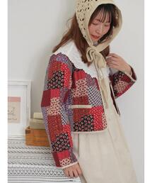 Samansa Mos2 | 花柄パッチワーク風キルトジャケット(ノーカラージャケット)