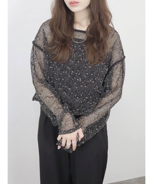 Reurie'(レウリィ)の「メランジメッシュシアートップス/melange mesh short top 長袖 サマーニット クルーネック ニュアンス 重ね着 レイヤード 大人カジュアル 韓国ファッション(Tシャツ/カットソー・レディース・ブラック/アイボリー・FREE)」の16枚目の写真