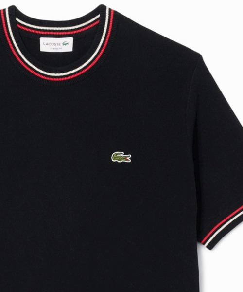 LACOSTE(ラコステ)の「ドライタッチ 配色ラインハイゲージ半袖ニット(ニット/セーター・メンズ・ブラック/オフホワイト・3/4/5/2)」の2枚目の写真