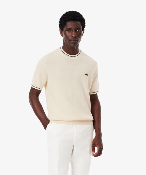 LACOSTE(ラコステ)の「ドライタッチ 配色ラインハイゲージ半袖ニット(ニット/セーター・メンズ・ブラック/オフホワイト・3/4/5/2)」の4枚目の写真