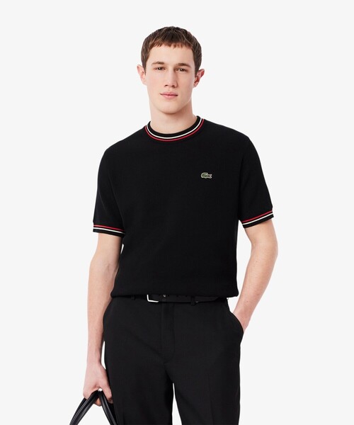 LACOSTE(ラコステ)の「ドライタッチ 配色ラインハイゲージ半袖ニット(ニット/セーター・メンズ・ブラック/オフホワイト・3/4/5/2)」の3枚目の写真