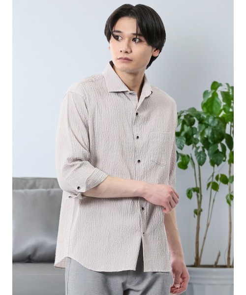 renoma HOMME(レノマオム)の「シャツ メンズ 7分袖 ストレッチ 綿混 ふくれジャガード チェック カッタウェイ ややゆったり ルーズフィット (シャツ/ブラウス・メンズ・ネイビー/ライトグレー/ブラック・MEDIUM/LARGE/X-LARGE)」の1枚目の写真