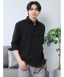 シャツ メンズ 7分袖 ストレッチ 綿混 ふくれジャガード チェック カッタウェイ ややゆったり ルーズフィット