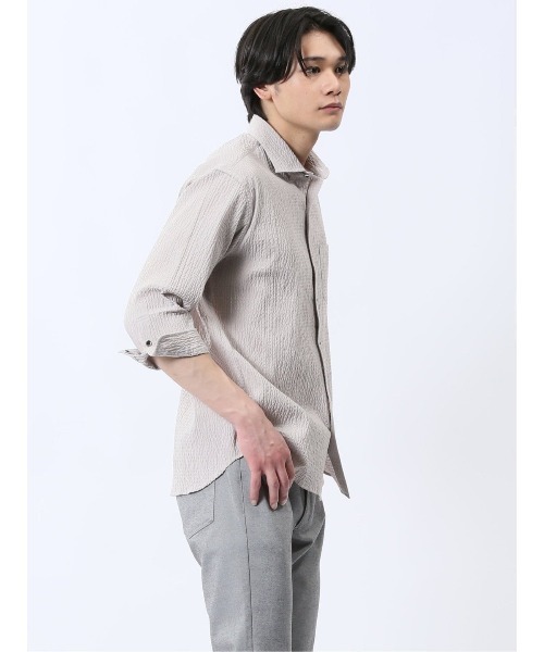 renoma HOMME(レノマオム)の「シャツ メンズ 7分袖 ストレッチ 綿混 ふくれジャガード チェック カッタウェイ ややゆったり ルーズフィット (シャツ/ブラウス・メンズ・ネイビー/ライトグレー/ブラック・MEDIUM/LARGE/X-LARGE)」の6枚目の写真