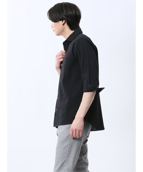 renoma HOMME(レノマオム)の「シャツ メンズ 7分袖 ストレッチ 綿混 ふくれジャガード チェック カッタウェイ ややゆったり ルーズフィット (シャツ/ブラウス・メンズ・ネイビー/ライトグレー/ブラック・MEDIUM/LARGE/X-LARGE)」の15枚目の写真