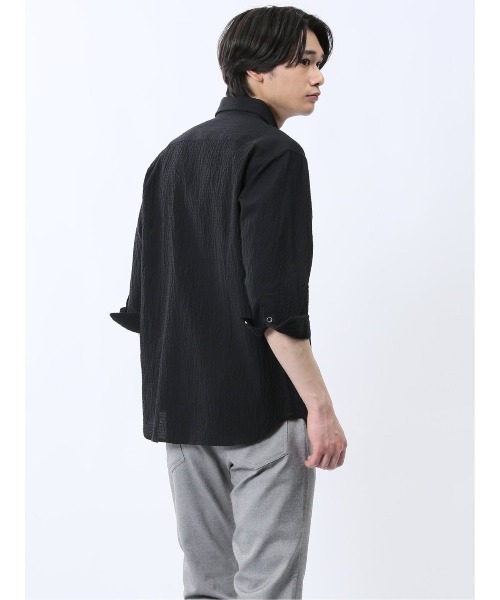 renoma HOMME(レノマオム)の「シャツ メンズ 7分袖 ストレッチ 綿混 ふくれジャガード チェック カッタウェイ ややゆったり ルーズフィット (シャツ/ブラウス・メンズ・ネイビー/ライトグレー/ブラック・MEDIUM/LARGE/X-LARGE)」の17枚目の写真
